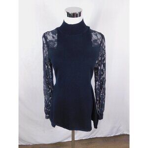 Questions Medium Black Floral Lace Sleeve Mock Neck Sweater